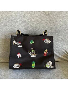 Kim Rogers Black Holiday Cat Embroidered Handbag With Gifts & Santa Hats